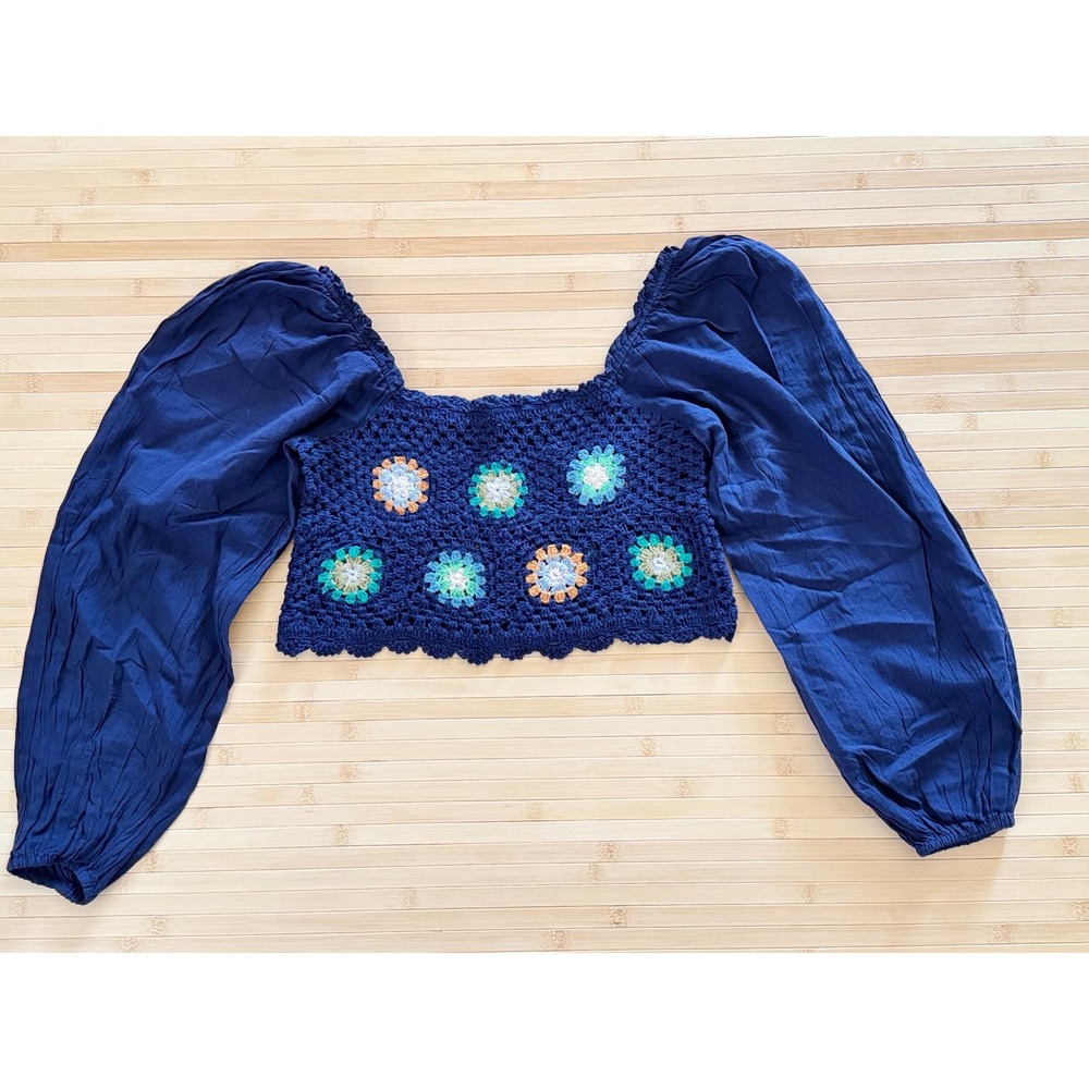Aerie Navy Blue Crochet Granny Square Puff Sleeve Crop Top XS Floral Boho